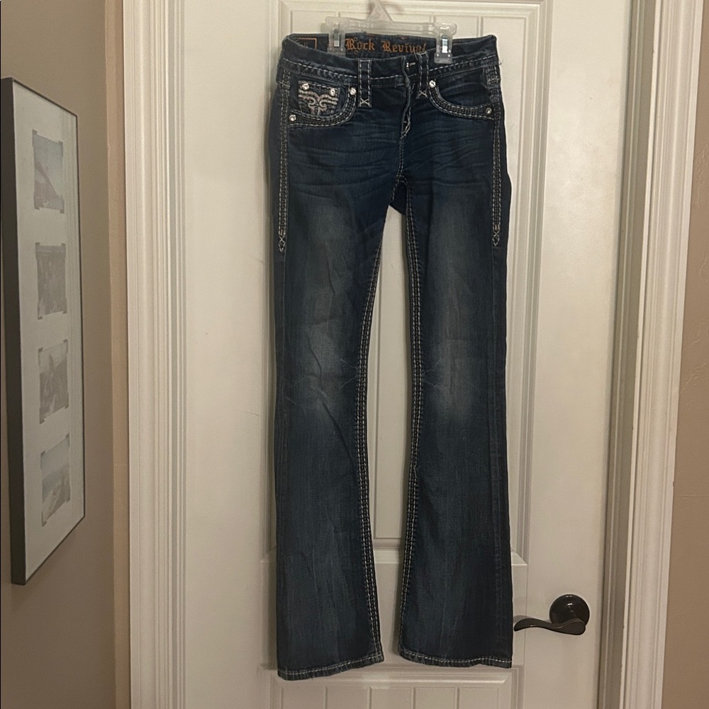Rock Revival 25  Dark Blue Tali Boocut Jeans with Embellished Pockets